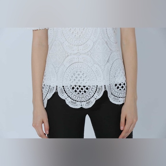 Women Ultra Pink short sleeves all over lace crochet scallop hem white top Sz XL - Picture 10 of 10